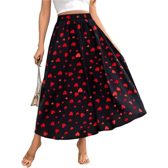 Women's Flowy Elastic High Waist Skirts Heart - Picture 1 of 5